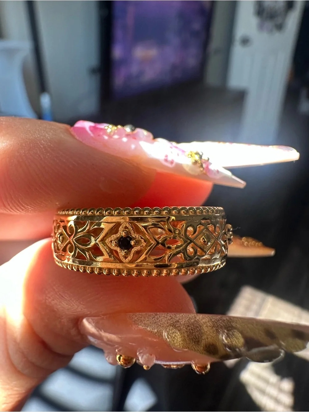 10K Yellow Gold Sapphire Filigree Band Ring 7mm Size 8.5
